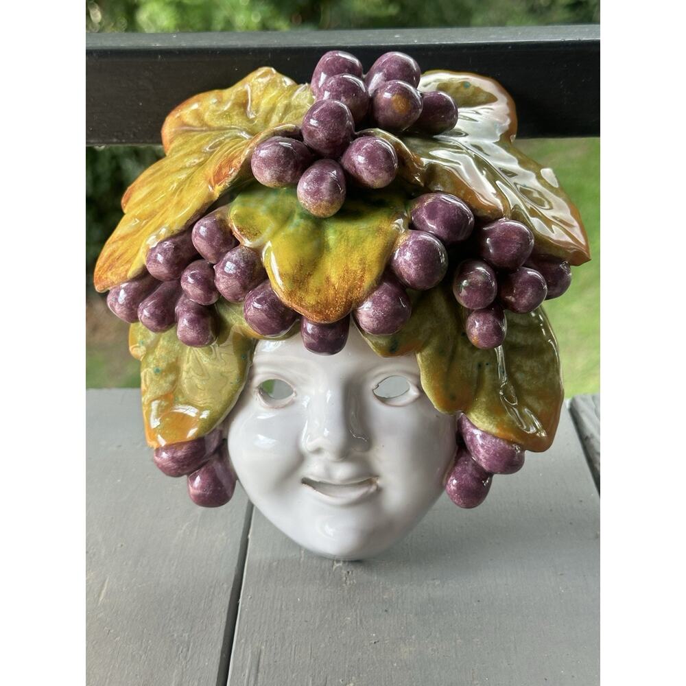 VTG Ceramiche Villani Firenze Italy Wall Mask Grape Leaf Ceramic Face Art Signed